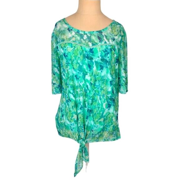 Juniper + Lime Green Tie Front Stretch Lined Tunic Top Size Large Petite LP - Picture 1 of 13